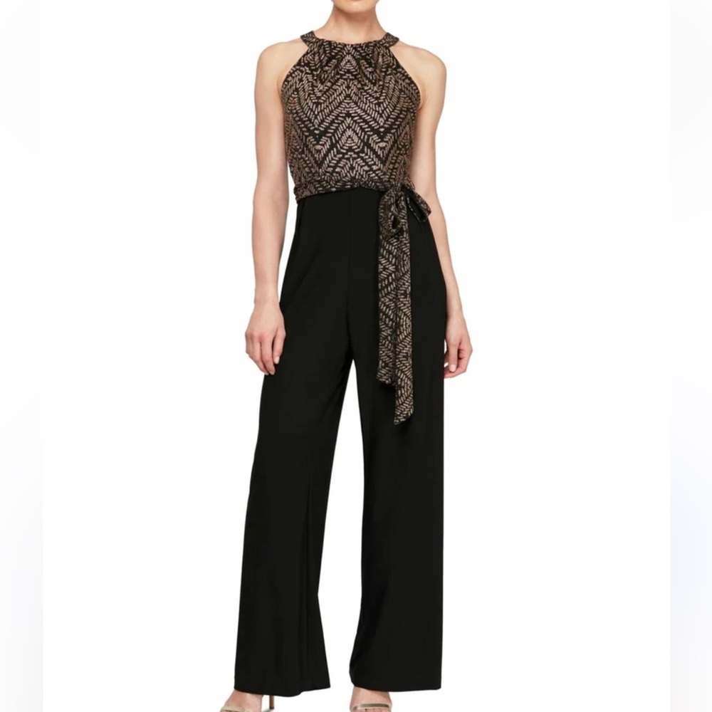 Ignite Evenings Womens Black Glitter Belted Zippered Halter Wide Leg Jumpsuit